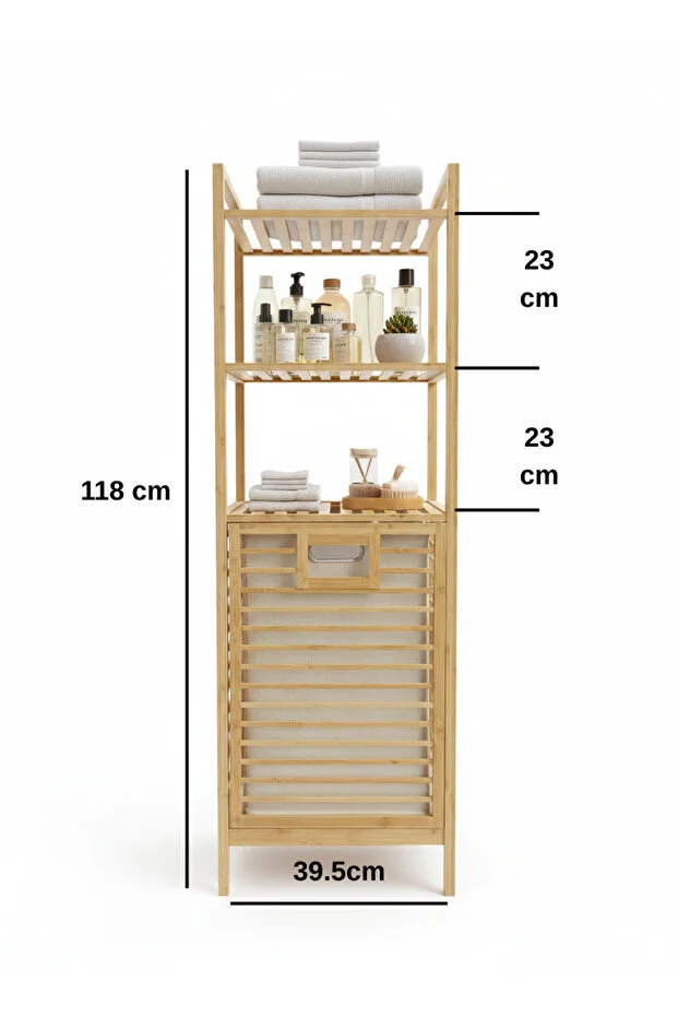 Doğal Bambu Kirli Çamaşır Sepeti ve 3 Raflı Banyo Düzenleyici